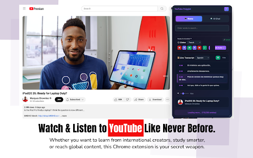 YouTube Polyglot: Read, Search & Translate YouTube Videos in Your Language :: AI-powered Chrome extension for YouTube: search videos, live transcribe, and translate captions in 10+ languages instantly.