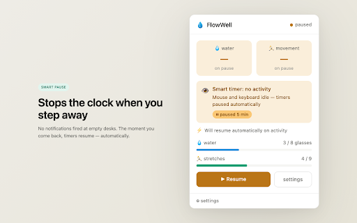 Flow Well :: Smart reminders to drink water and exercise. Pauses when you step away from your desk.