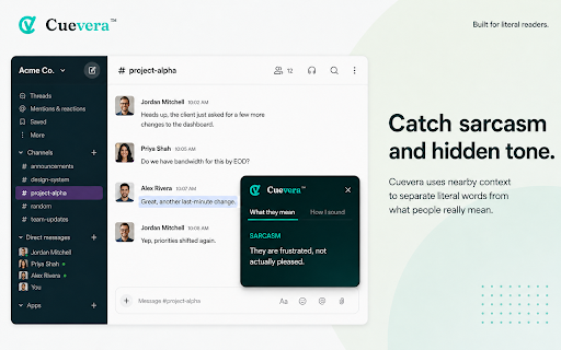 Cuevera: ADHD, Autism & Neurodivergent Workplace Reading Assistant :: Workplace communication assistant for neurodivergent adults: understand subtext and check how your own messages may come across.