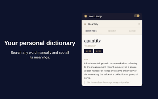 WordSnap — English Dictionary :: Instant English definitions, pronunciation & examples. Highlight any word on any page — click WordSnap to look it up in seconds.