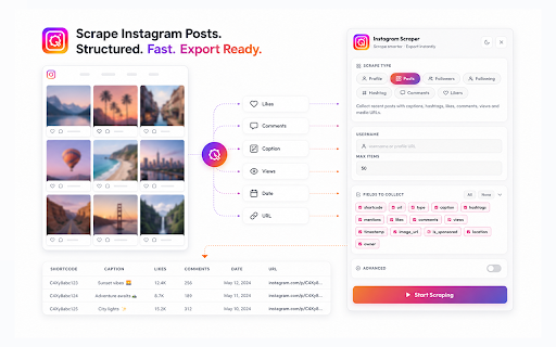 Instagram Scraper - Posts, Hashtags & More :: Free Instagram scraper. Export profiles, posts, followers, hashtags & comments to CSV or JSON instantly.