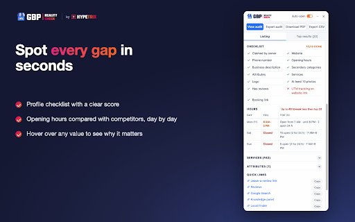 GBP Reality Check | Instant GBP Audit for Local SEO :: Instant Google Business Profile audit on Google Maps: categories, competitors, hours, attributes, reviews and a PDF report.