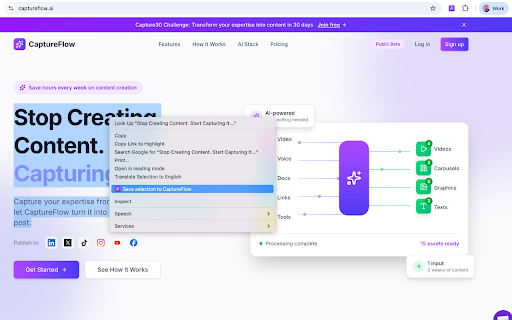 CaptureFlow :: Save inspiring websites, articles and posts as content inputs. Build your inputs library from your browser.
