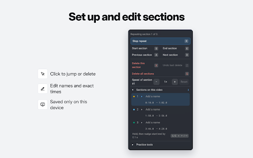 Section Repeat – A-B Loop for YouTube™ :: Loop any part of a YouTube video with A-B repeat. Set each section's speed, repeats and rest to practice languages, dance or music.