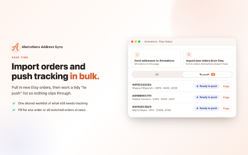 Alomations Address Sync :: Matches Etsy order shipping addresses by order number and sends them to Alomations.