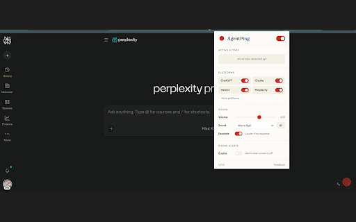 AgentPing :: Get alerts when supported AI tabs finish responding, with sound, desktop, and optional phone notifications.