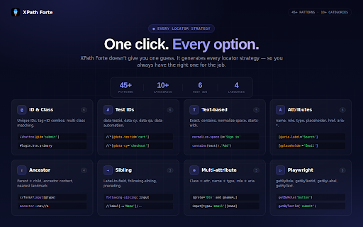 XPath Finder & CSS Selector Generator – XPath Forte :: XPath finder, CSS selector & Playwright locator generator. Element inspector with stability scoring for Selenium automation testing.