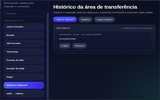 Dev Utils :: Coleção de utilitários para desenvolvedores: JSON, Base64, JWT, hash, regex, timestamp, API tester e mais.