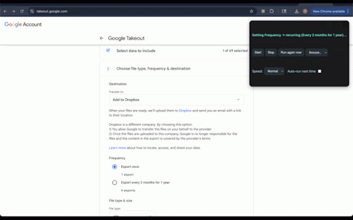 Google Takeout Automation :: Automates Google Takeout: selects My Activity, sets destination to Dropbox, and starts an export.