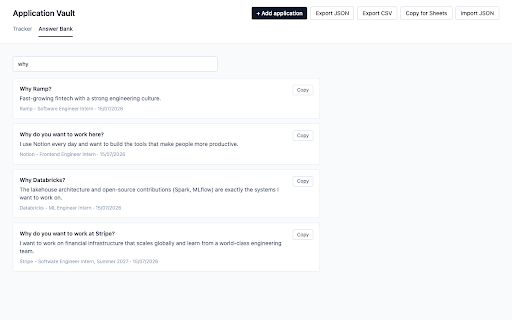 Application Vault :: Capture job applications - the posting, your resume, and every answer you typed - into a local, private tracker.
