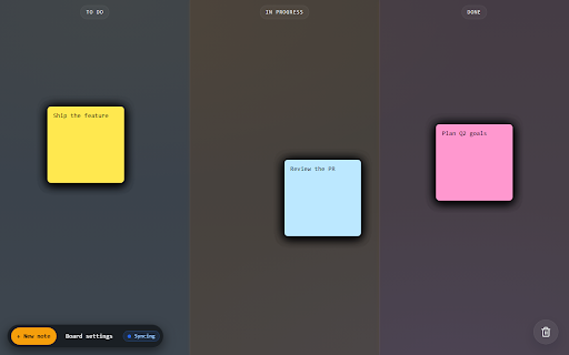 Sticky Notes — New Tab Board :: Replace your New Tab with a freeform sticky-note board. Drag, resize, columns, quadrants, checklists. Synced. Four themes.