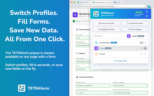 Form Autofill & Filler - TETRAform :: Free form autofill for Chrome. Fill job applications, scholarships & web forms in one click. Multiple profiles, 100% private.