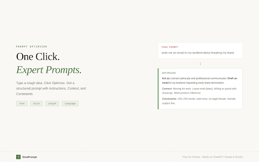 TresPrompt: AI Prompt Optimizer for ChatGPT, Claude & Gemini :: Search, organize, and optimize your AI conversations across ChatGPT, Claude, and Gemini. Folders, full-text search, prompt tools.