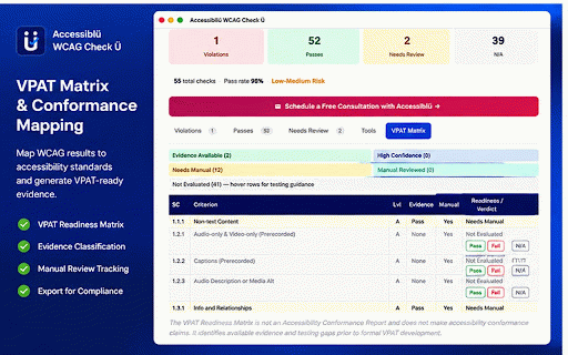 Accessiblu: WCAG Accessibility Audit + VPAT :: Professional WCAG 2.2 audit tool with VPAT matrix and ACR export. Automated testing and reports for developers and QA teams.