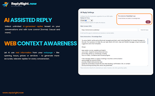 ReplyRight :: AI-powered quick replies and productivity tools for Google Messages. Reply faster, reply smarter.