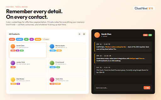 ChatPilotCRM — Facebook Messenger CRM :: Turn Facebook Messenger into a CRM for freelancers, agencies, and coaches. Tag contacts, track friend requests, send bulk DMs.