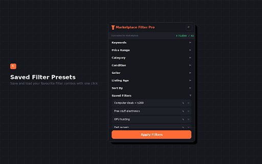 Marketplace Filter Pro :: Advanced filtering for Facebook Marketplace — price ranges, keyword include/exclude, category filters, condition toggles, and more.
