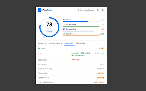 PagePulse – SEO Audit, Performance & Website Analyzer :: Audit any website for SEO, Performance, Accessibility & Best Practices. Score out of 100 with fixes, history, and SEO X-Ray.