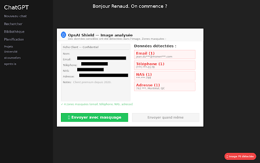 OpsAI Shield :: Detects and masks sensitive data before sending to AI tools. 100% local processing. No servers, no tracking.