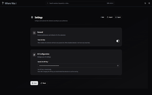 Where Was I :: A Chrome extension that remembers your sessions by capturing tabs, grouping them into sessions, with AI-powered summaries.