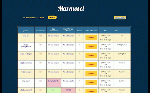 MarmoUI :: A modern skin for UW's Marmoset submission server: themes, live deadline countdowns, inline scores and tokens, easy submissions.