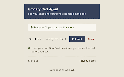 Grocery Cart Agent :: Fills your shopping cart from a list made in the Grocery Cart Agent app. Never checks out — you always review before paying.