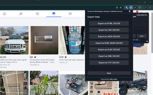 Facebook Marketplace Scraper: Export Search, Products, Sellers & more :: Scrape Listings, Sellers, and more from Facebook Marketplace, with options to export in formats such as CSV, Excel, JSON and others
