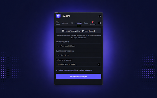 Big MFA :: Secure TOTP/HOTP authenticator with encrypted vault, QR import and offline MFA code generation.