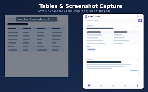 Snippet Vault — Save Text, Tables & Screenshots from Any Page :: Save text, tables & screenshots from any webpage. Organize with categories, dashboard & tags. Search, pin and reuse instantly.