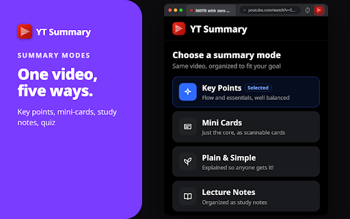YT Summary— YouTube Summarizer :: Summarize YouTube videos your way, in one click.