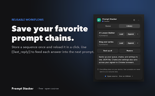 Prompt Stacker — ChatGPT, Claude, Gemini & more :: Queue prompts and auto-send the next when the AI finishes replying. Works on ChatGPT, Claude, Gemini & DeepSeek.