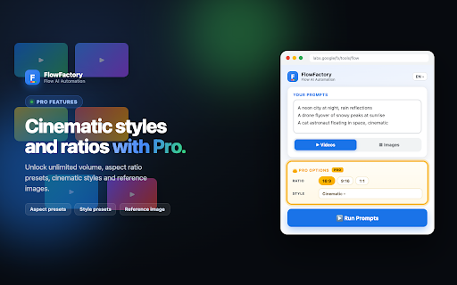 FlowFactory: Flow AI Automation :: Bulk video and image automation for Google Flow. Enter multiple prompts and auto-download all generated clips and images.