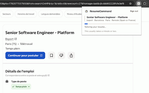 ResumeCommand — Tailor for this job :: Extract a job posting from the current page and tailor your master resume to it, without leaving the page.
