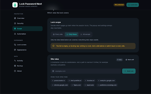 Lock Password Next :: Password-lock your browser session. Hotkey and idle auto-lock, per-site scope, recovery codes and a local audit trail.