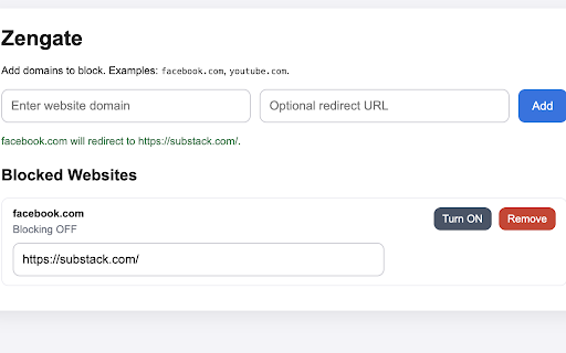 Zengate :: Block distracting websites instantly and optionally redirect yourself to a productive page. Stay focused, on your terms.