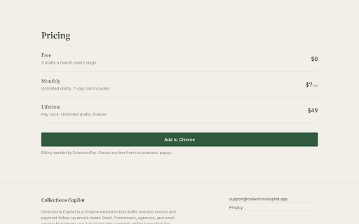 Collections Copilot - Overdue Invoice & Payment Reminders for Gmail :: Overdue invoice and payment reminder emails, drafted inside Gmail. Friendly, firm, or final notice, written from the thread.