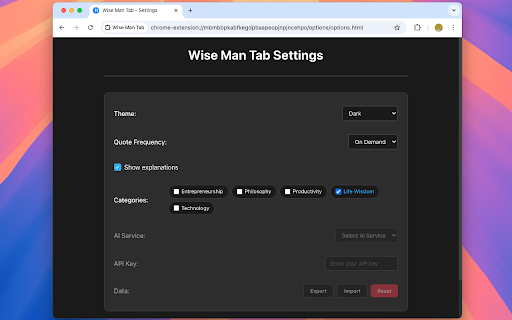 Wise Man Tab :: Chrome extension replacing new tab with inspirational quotes featuring favorites, themes, and customizable display