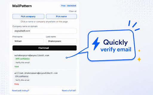 MailPattern - Free Email Finder :: Instantly guess anyone's work email from their company domain. Free, unlimited, no strings attached.