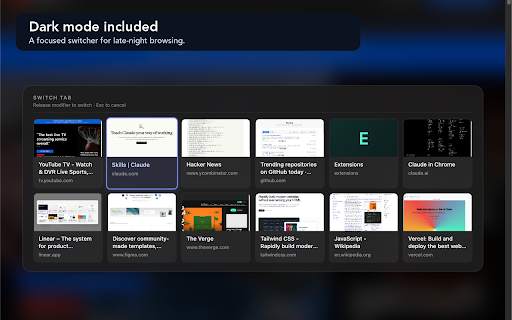 TabGlance - Visual Tab Switcher :: Keyboard visual tab switcher: thumbnail previews, MRU order, instant search, and one-key quick swap. Switch tabs by sight.