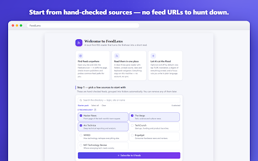 FeedLens — AI RSS Reader :: Find feeds on any site, read them in a clean local reader, and let AI cut the flood. No account needed.