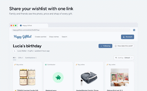 Happy Giftlist :: Add any product from any web shop to your Happy Giftlist wishlist in one click. Free, and friends can reserve without spoiling it.