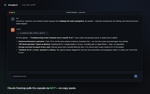 Threadport :: Carry your ChatGPT or Claude chat into Cursor, Claude Desktop, Claude Code, and Windsurf via MCP.