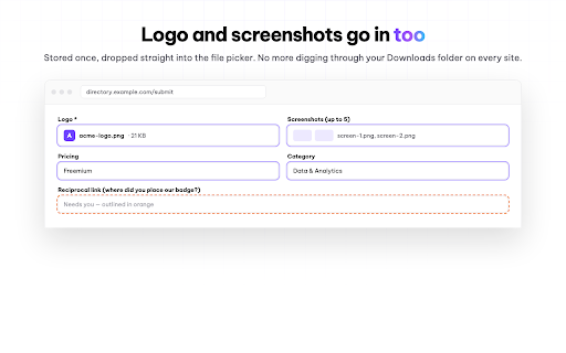 SEOmade Autofill — submit your product anywhere :: Store your product once, then fill any directory submission form in one click — copy, logo, screenshots, category and tags.