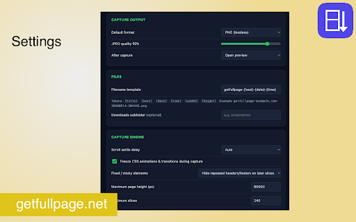GetFullPage — Full Page Screenshot :: Capture an entire webpage as one image or PDF. One click, one complete page, nothing uploaded. 100% local, no account.