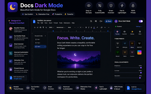 Google Docs Dark Mode and Customization :: Premium dark mode & workspace customization platform for Google Docs. Eye comfort, custom themes, focus mode, and more.