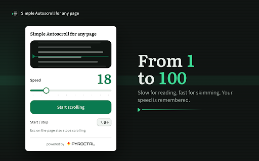 Auto Scroll Down — Simple Autoscroll for Any Page :: Let long pages move at your pace with hands-free scrolling. Set the speed, press Start, and use Esc or a shortcut to stop.
