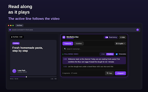 YouTube Transcript — Get Transcript of YouTube Video to Text :: Convert any YouTube video to text and get the youtube transcript — timestamps, search, translate, copy and export to TXT/SRT/VTT.