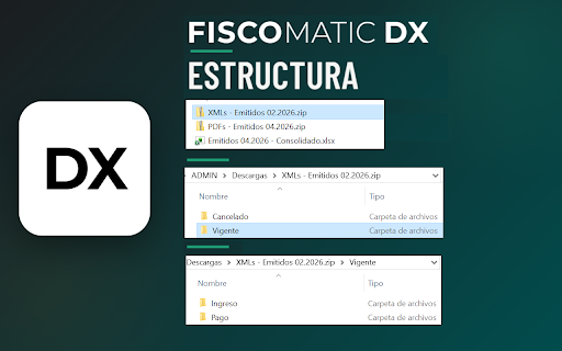 Fiscomatic DX :: Descarga masiva de CFDI del SAT (XMLs y PDFs) con filtros por estado y tipo. Reporte Excel. 100% local, sin registro.