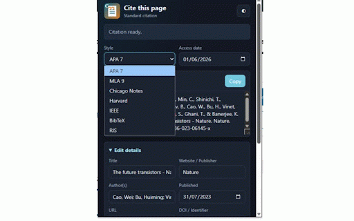 Cite this page- Standard citation :: Generate APA, MLA, Chicago, Harvard, IEEE, BibTeX and RIS citations for the current page.