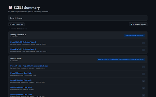 SCELE Summary V2 :: Notion-style dashboard for SCELE: assignments, quizzes, announcements, and forums.